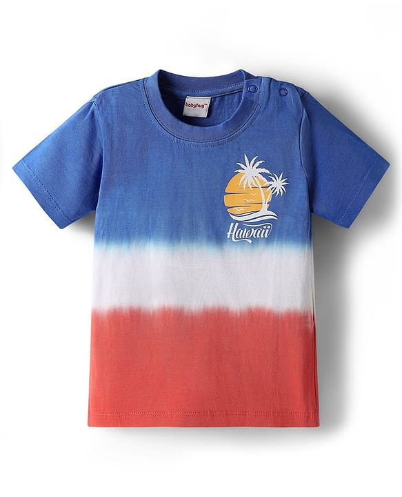 Babyhug Terry Knit Half Sleeves T-Shirt and Shorts Co-Ord Set with Ombre & Hawai Text Print - Navy Blue & Red