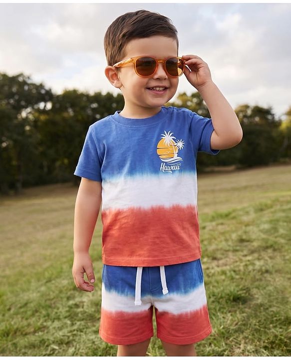 Babyhug Terry Knit Half Sleeves T-Shirt and Shorts Co-Ord Set with Ombre & Hawai Text Print - Navy Blue & Red