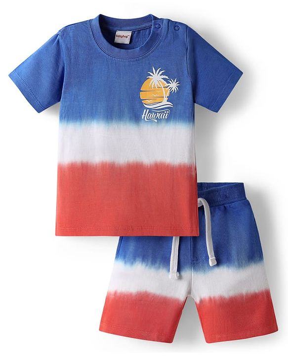 Babyhug Terry Knit Half Sleeves T-Shirt and Shorts Co-Ord Set with Ombre & Hawai Text Print - Navy Blue & Red