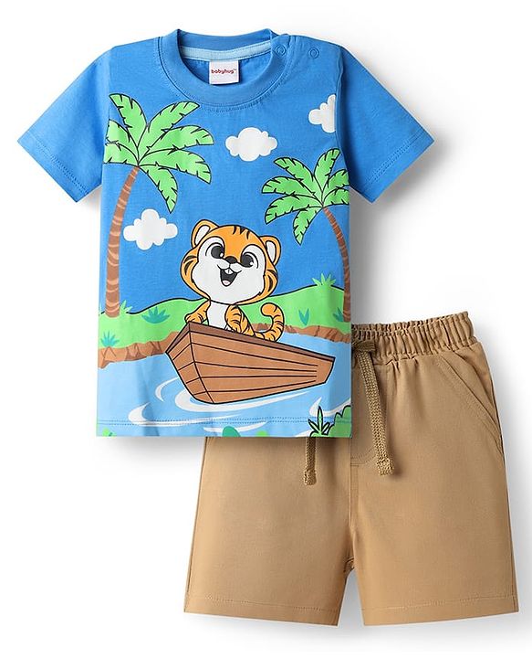Babyhug Single Jersey Knit Half Sleeves T-Shirt & Shorts Set With Tiger Print - Blue & Brown