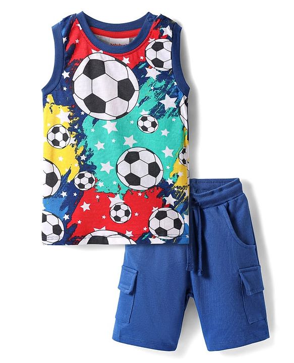 Babyhug Single Jersey Knit Sleeveless Tank T-Shirt & Shorts Set With Football Print - Navy Blue