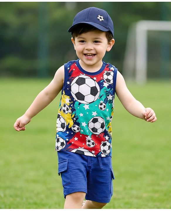 Babyhug Single Jersey Knit Sleeveless Tank T-Shirt & Shorts Set With Football Print - Navy Blue