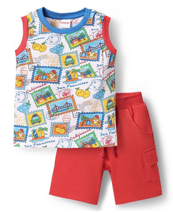 Babyhug Single Jersey Knit Sleeveless Tank T-Shirt & Shorts Set With Beach Theme & Fruit Print - White & Red