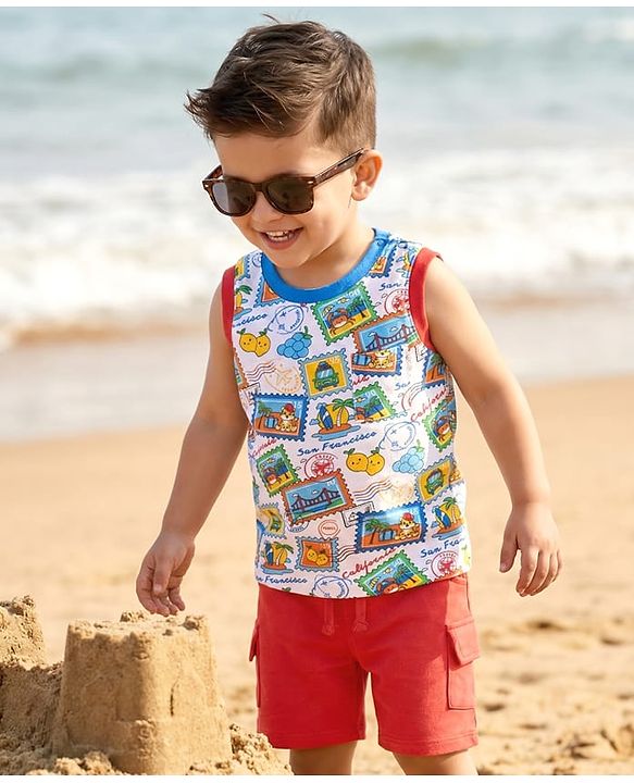 Babyhug Single Jersey Knit Sleeveless Tank T-Shirt & Shorts Set With Beach Theme & Fruit Print - White & Red