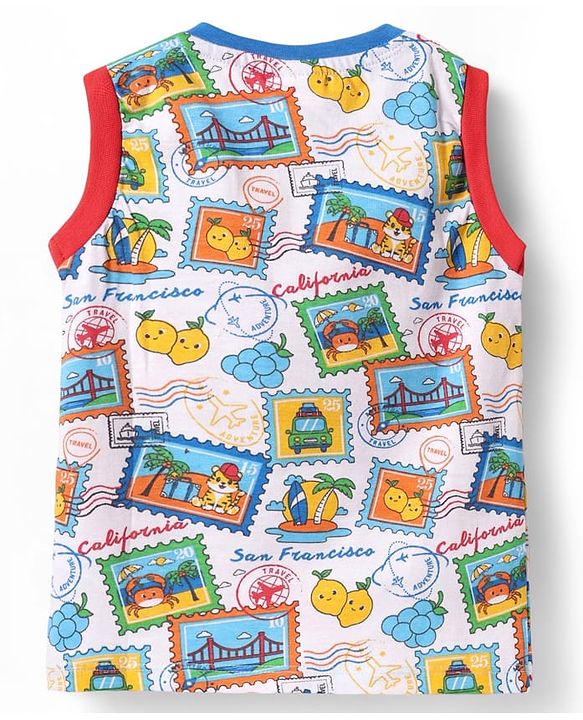 Babyhug Single Jersey Knit Sleeveless Tank T-Shirt & Shorts Set With Beach Theme & Fruit Print - White & Red