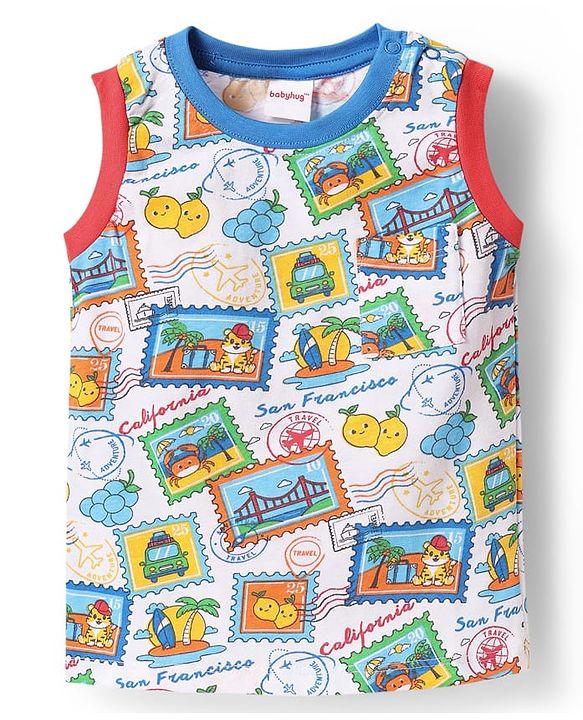 Babyhug Single Jersey Knit Sleeveless Tank T-Shirt & Shorts Set With Beach Theme & Fruit Print - White & Red