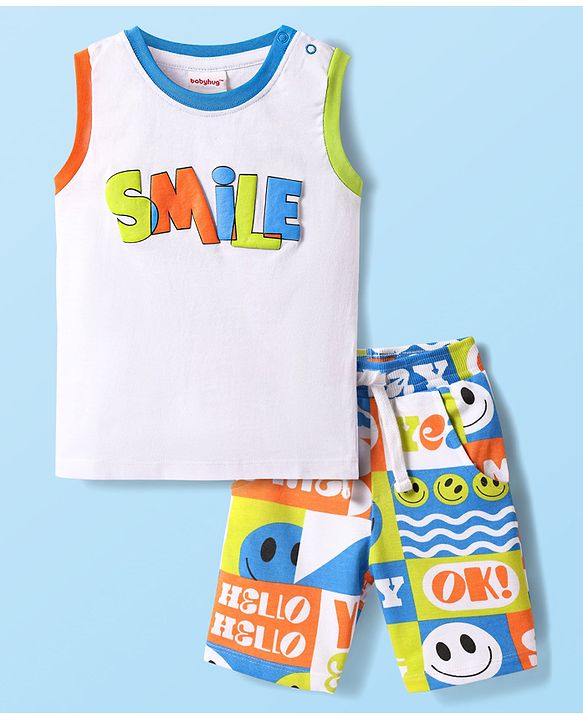 Babyhug Single Jersey Knit Sleeveless Tank T-Shirt & Shorts Set With Smiley Print - White