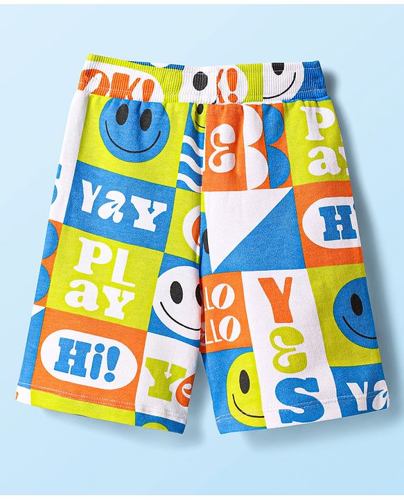 Babyhug Single Jersey Knit Sleeveless Tank T-Shirt & Shorts Set With Smiley Print - White