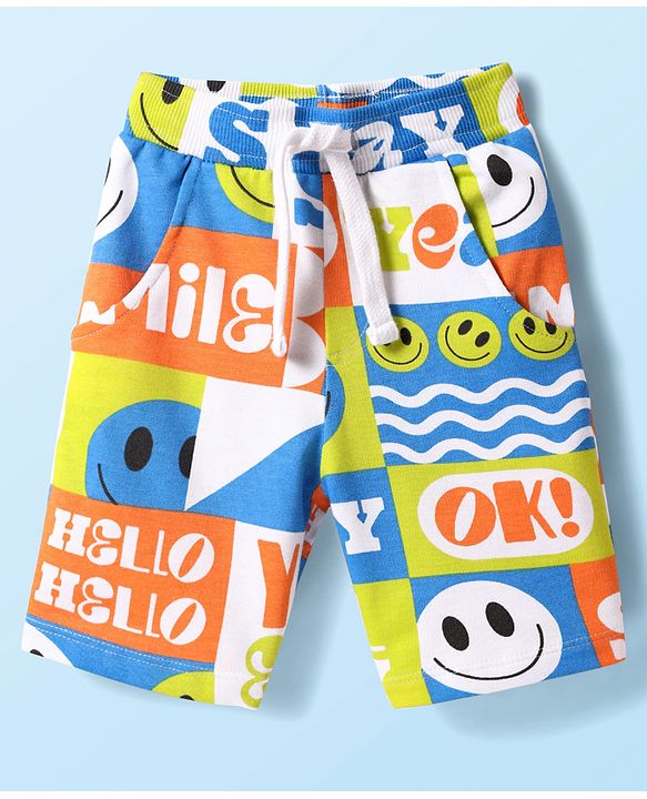 Babyhug Single Jersey Knit Sleeveless Tank T-Shirt & Shorts Set With Smiley Print - White