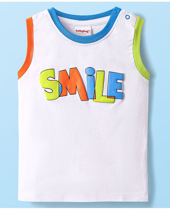 Babyhug Single Jersey Knit Sleeveless Tank T-Shirt & Shorts Set With Smiley Print - White