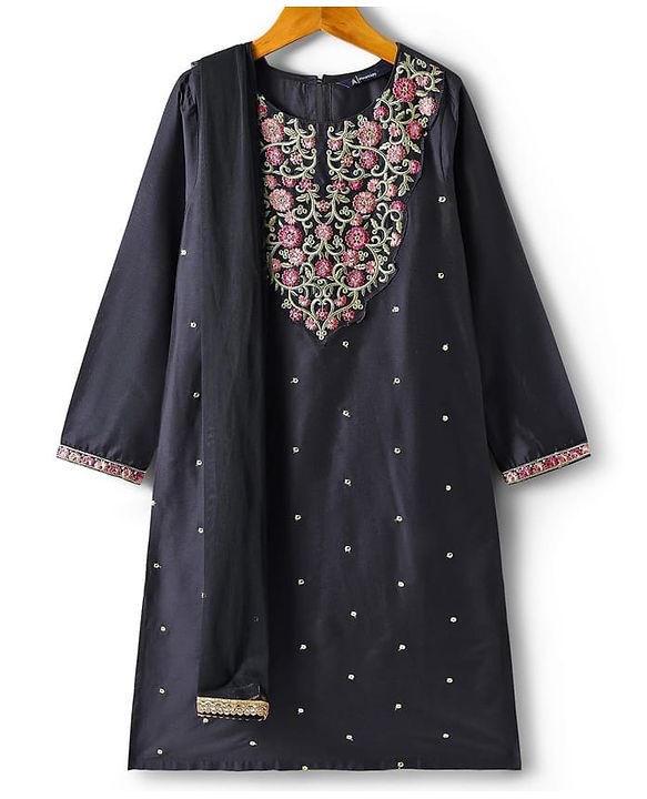 Pine Kids Woven Three Fourth Sleeves Floral Embroidered Kurti Chudidar Set with Dupatta & Lace Detailing - Navy Blue