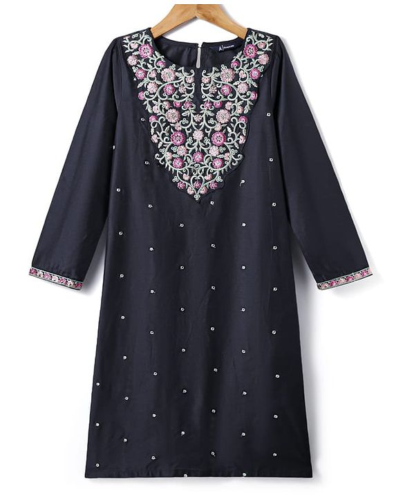 Pine Kids Woven Three Fourth Sleeves Floral Embroidered Kurti Chudidar Set with Dupatta & Lace Detailing - Navy Blue