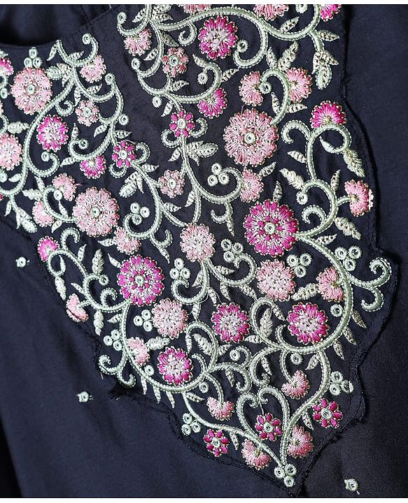 Pine Kids Woven Three Fourth Sleeves Floral Embroidered Kurti Chudidar Set with Dupatta & Lace Detailing - Navy Blue