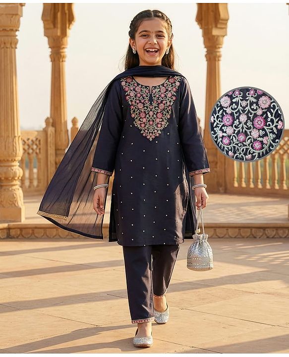 Pine Kids Woven Three Fourth Sleeves Floral Embroidered Kurti Chudidar Set with Dupatta & Lace Detailing - Navy Blue