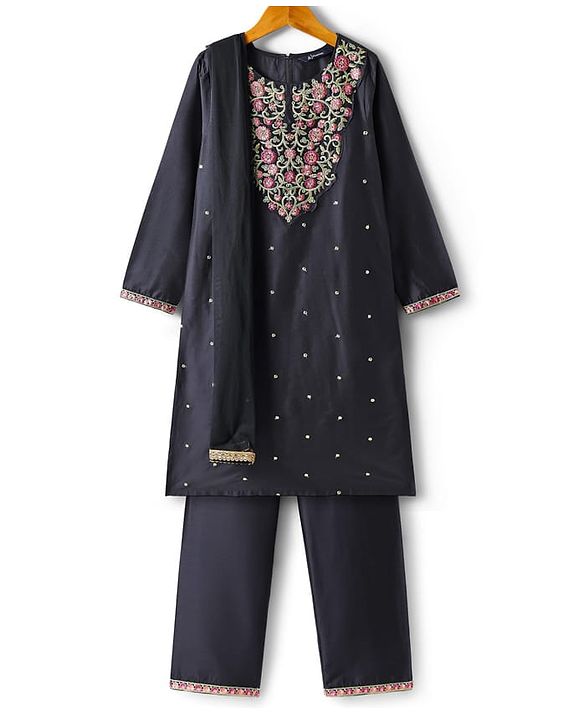 Pine Kids Woven Three Fourth Sleeves Floral Embroidered Kurti Chudidar Set with Dupatta & Lace Detailing - Navy Blue
