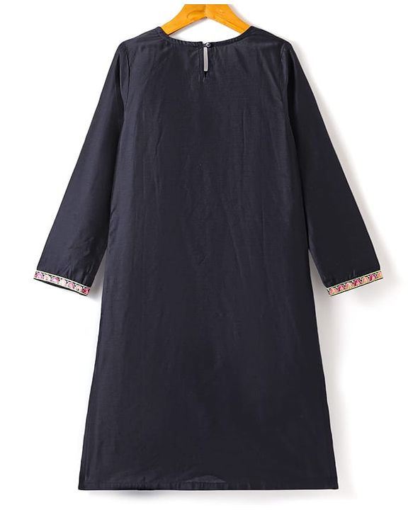 Pine Kids Woven Three Fourth Sleeves Floral Embroidered Kurti Chudidar Set with Dupatta & Lace Detailing - Navy Blue