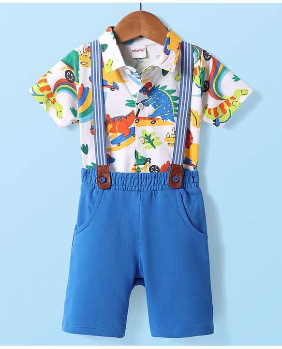 Babyhug Single Jersey Knit Half Sleeves Shirt & Shorts Set With Dino Print & Suspender - White & Blue