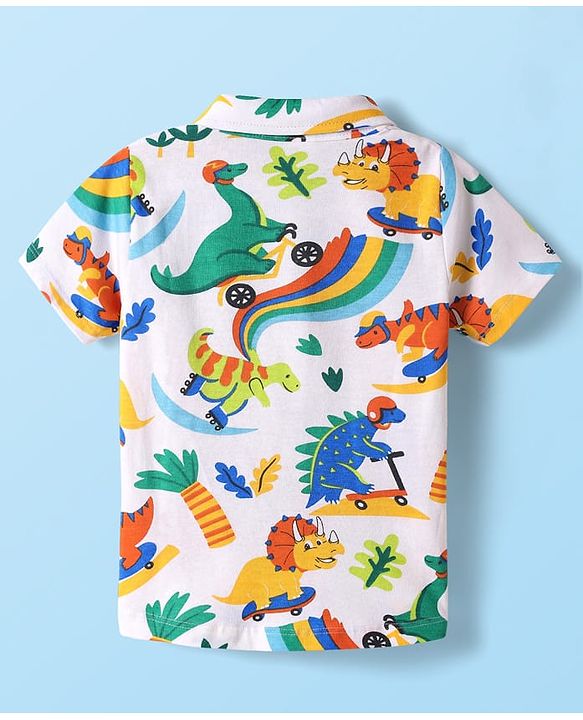 Babyhug Single Jersey Knit Half Sleeves Shirt & Shorts Set With Dino Print & Suspender - White & Blue