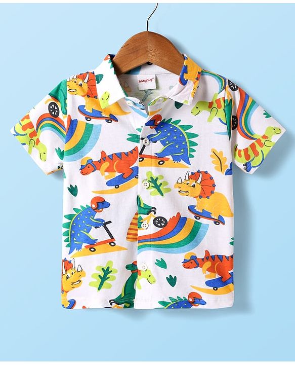 Babyhug Single Jersey Knit Half Sleeves Shirt & Shorts Set With Dino Print & Suspender - White & Blue