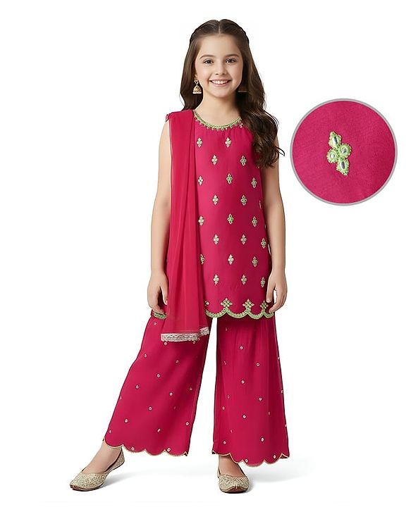 Pine Kids Woven Sleeveless Kurti Gharara Set with Dupatta & Floral Embroidery - Dark Pink