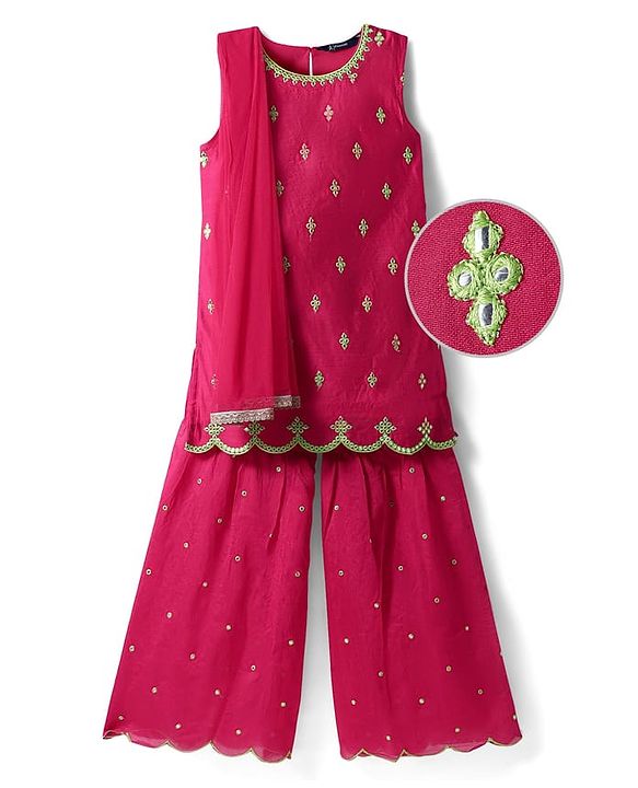 Pine Kids Woven Sleeveless Kurti Gharara Set with Dupatta & Floral Embroidery - Dark Pink