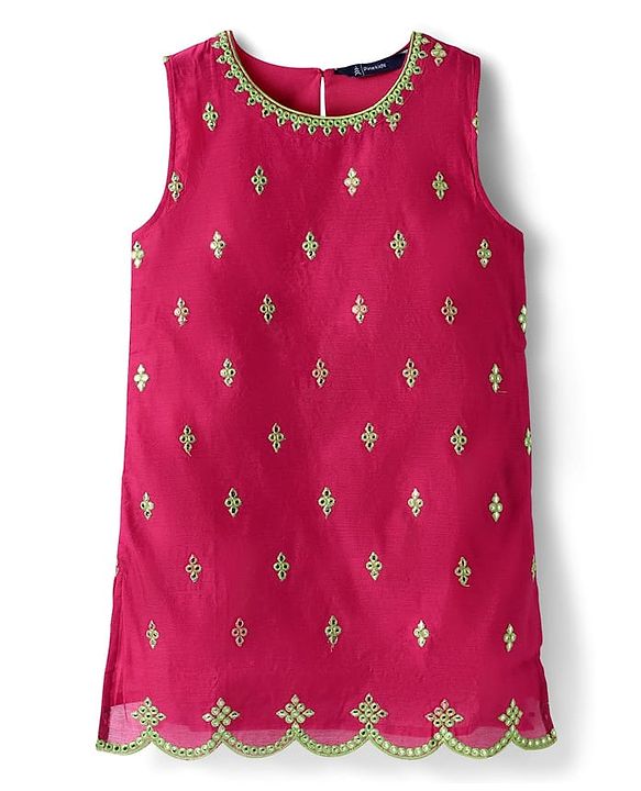 Pine Kids Woven Sleeveless Kurti Gharara Set with Dupatta & Floral Embroidery - Dark Pink