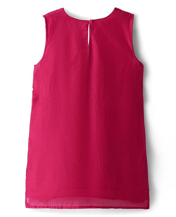 Pine Kids Woven Sleeveless Kurti Gharara Set with Dupatta & Floral Embroidery - Dark Pink