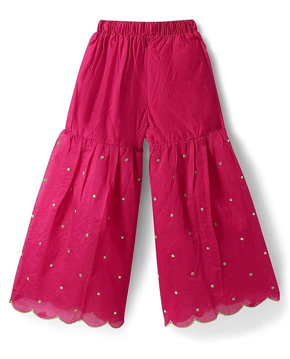 Pine Kids Woven Sleeveless Kurti Gharara Set with Dupatta & Floral Embroidery - Dark Pink