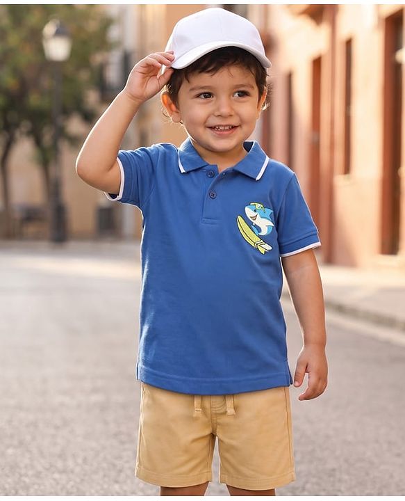 Babyhug Single Jersey Knit Half Sleeves Polo T-Shirt & Shorts Set With Shark Print - Blue & Beige