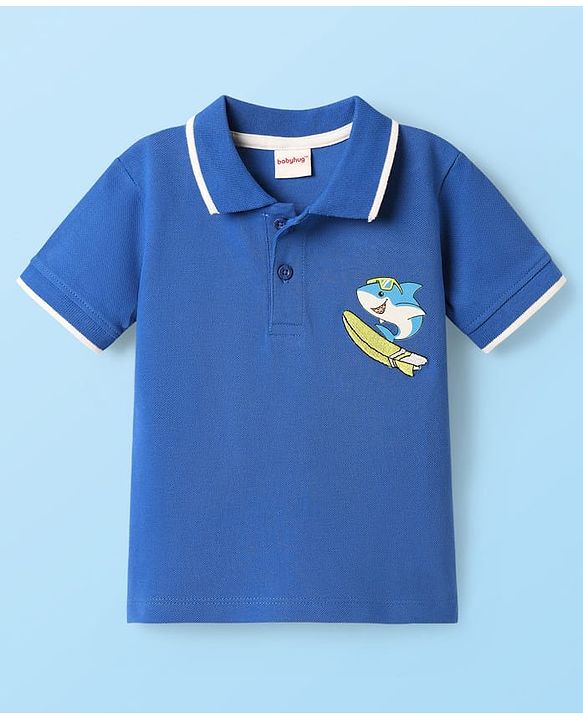 Babyhug Single Jersey Knit Half Sleeves Polo T-Shirt & Shorts Set With Shark Print - Blue & Beige