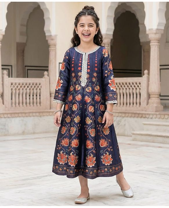 Pine Kids Woven Three Fourth Sleeves Ethnic Dress With Floral Print - Violet