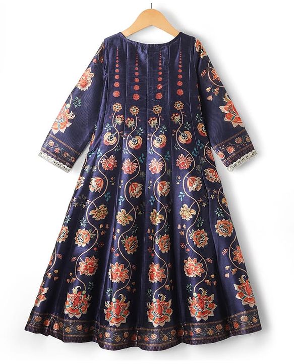 Pine Kids Woven Three Fourth Sleeves Ethnic Dress With Floral Print - Violet