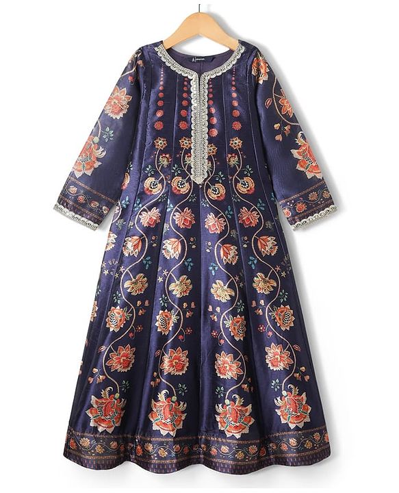 Pine Kids Woven Three Fourth Sleeves Ethnic Dress With Floral Print - Violet