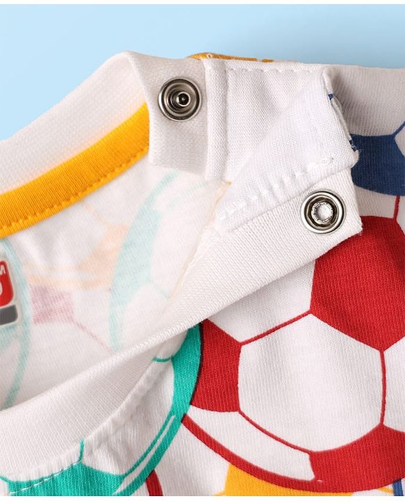 Babyhug Single Jersey Knit Half Sleeves T-Shirt & Denim Shorts Set With Football Print - White & Blue