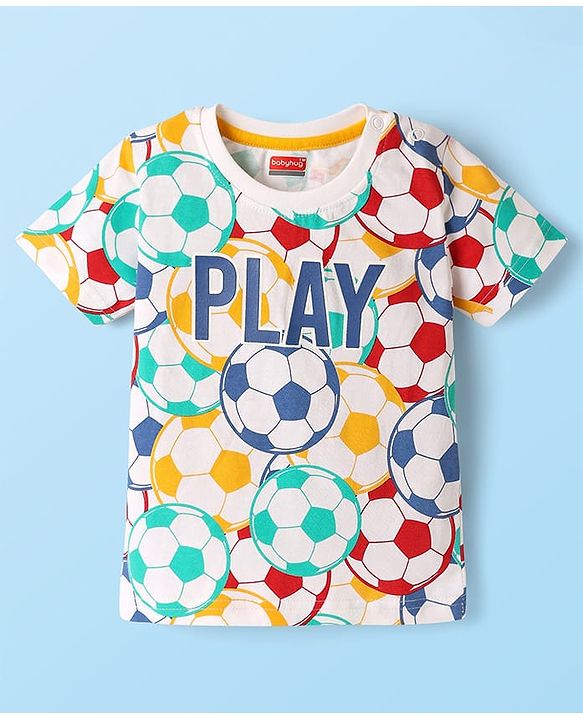 Babyhug Single Jersey Knit Half Sleeves T-Shirt & Denim Shorts Set With Football Print - White & Blue