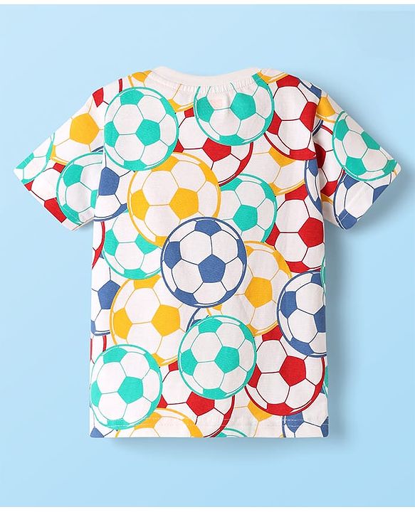 Babyhug Single Jersey Knit Half Sleeves T-Shirt & Denim Shorts Set With Football Print - White & Blue