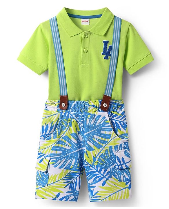 Babyhug Single Jersey Knit Half Sleeves T-Shirt & Shorts Set with Tropical Theme Print & Suspender - Limegreen