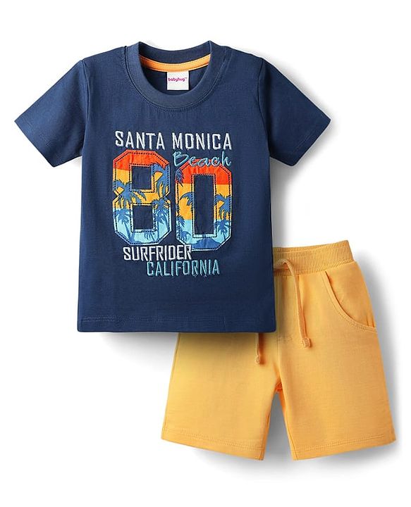 Babyhug Single Jersey Knit Half Sleeves T-Shirt & Shorts Set With Sport Theme Print - Navy Blue & Yellow