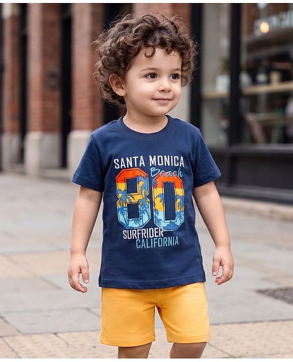 Babyhug Single Jersey Knit Half Sleeves T-Shirt & Shorts Set With Sport Theme Print - Navy Blue & Yellow