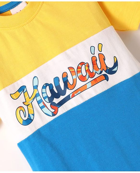 Babyhug Single Jersey Knit Half Sleeves T-Shirt & Shorts Set With Hawaii Print & Cut & Sew Design - Yellow & Blue
