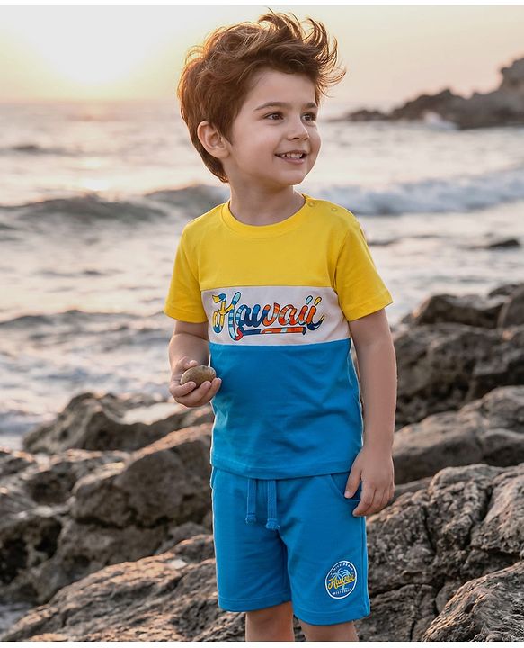 Babyhug Single Jersey Knit Half Sleeves T-Shirt & Shorts Set With Hawaii Print & Cut & Sew Design - Yellow & Blue