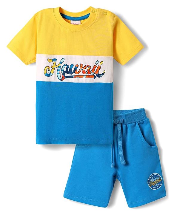Babyhug Single Jersey Knit Half Sleeves T-Shirt & Shorts Set With Hawaii Print & Cut & Sew Design - Yellow & Blue