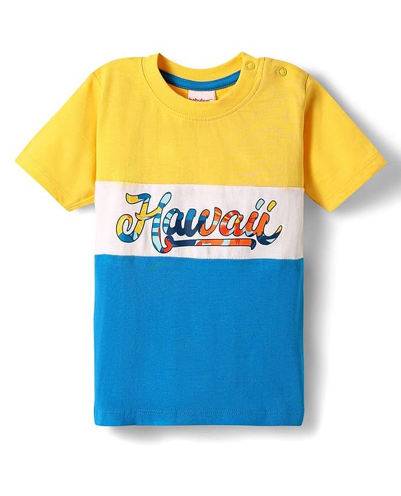 Babyhug Single Jersey Knit Half Sleeves T-Shirt & Shorts Set With Hawaii Print & Cut & Sew Design - Yellow & Blue