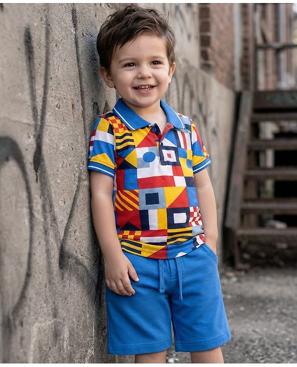 Babyhug Single Jersey Knit Half Sleeves Polo T-Shirt & Shorts Set with Abstract Print - Blue