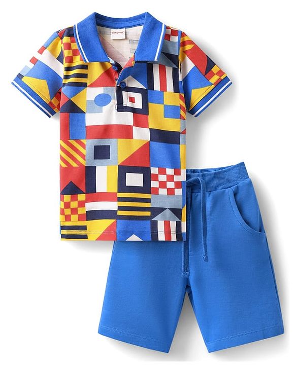 Babyhug Single Jersey Knit Half Sleeves Polo T-Shirt & Shorts Set with Abstract Print - Blue