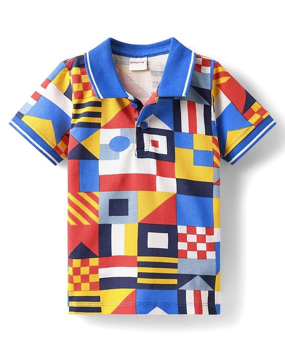 Babyhug Single Jersey Knit Half Sleeves Polo T-Shirt & Shorts Set with Abstract Print - Blue