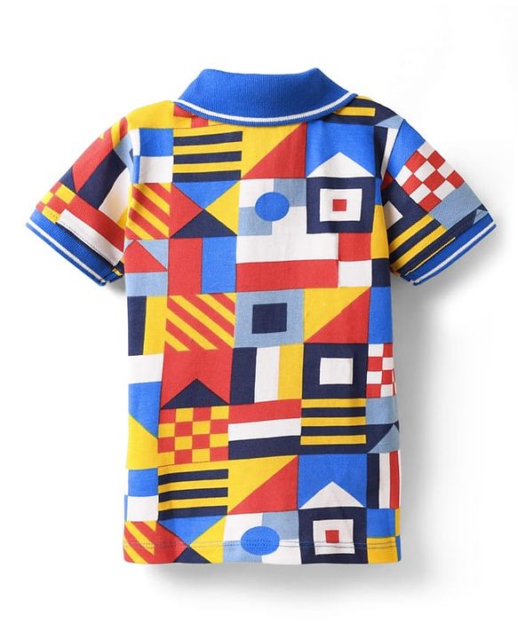 Babyhug Single Jersey Knit Half Sleeves Polo T-Shirt & Shorts Set with Abstract Print - Blue