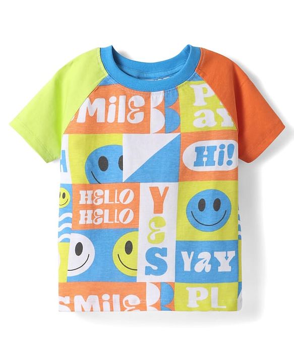 Babyhug Single Jersey Knit Half Raglan Sleeves T-Shirt & Shorts Set With Smiley Print - Blue