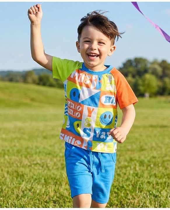 Babyhug Single Jersey Knit Half Raglan Sleeves T-Shirt & Shorts Set With Smiley Print - Blue