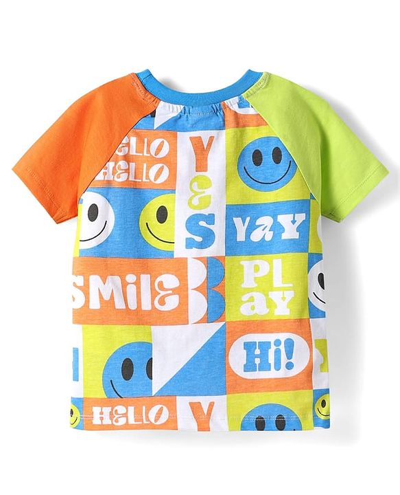 Babyhug Single Jersey Knit Half Raglan Sleeves T-Shirt & Shorts Set With Smiley Print - Blue